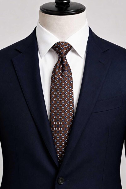 Kravatkolik Brown Motif Patterned Italian Silk Tie İk2577