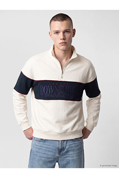 LC Waikiki Ecru Stand Collar London Embroidered Men's Thick Sweatshirt