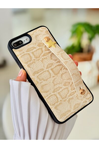 Go Aksesuar Iphone 7 PLUS - 8 PLUS Uyumlu Tutacaklı Yıldız Tasarımlı Deri Görünümlü Esnek Silikon Kılıf
