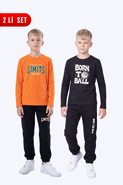 FYK KİDS 2-Piece Boy's Round Neck Printed Detailed 4-Piece Top and Bottom Set...