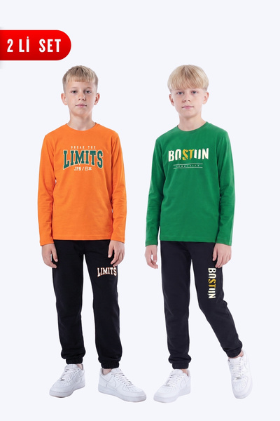 FYK KİDS 2-Piece Boy's Round Neck Printed Detailed 4-Piece Top and Bottom Set...