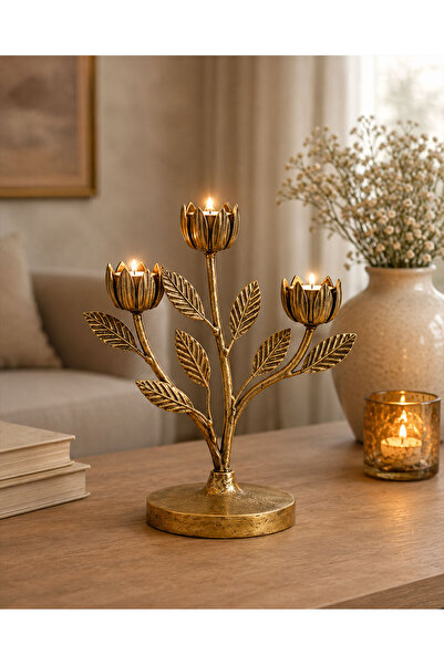 Theraphy Home Modern Dekoratif 3 Kollu Yaprak Metal Mumluk