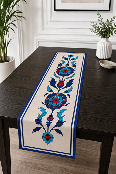 Bebişim Halı Turquoise Red Iznik Tile Flowers Patterned Runner Tablecloth 40X...