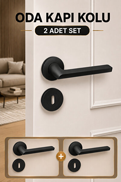 Badem10 (2 TAKIM SET) Hira Hayal Mat Siyah Oda Kapı Kolu Yuvarlak Rozetli Mod...