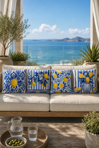 dekomingo Set of 4 Mediterranean Lemon Patterned Decorative Throw Pillow Cove...