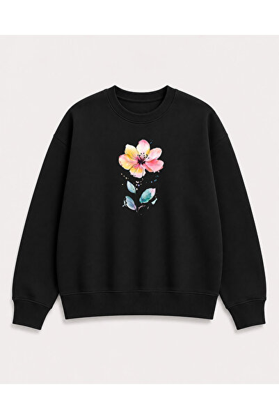 herkesemoda Floral Print Detailed Crew Neck Ribbed 2 Thread Sweatshirt