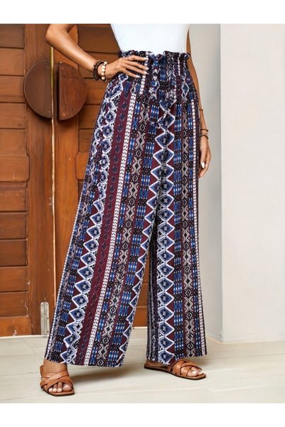 Generic Brand Pantaloni lungi din jerseu cu imprimeu, cu talie înaltă și șnur în talie, pentru femei
