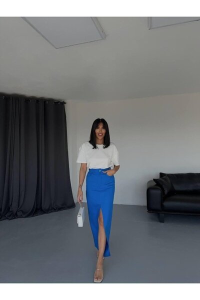 pazarella Gabardine Long Front Slit Skirt - Cobalt Blue