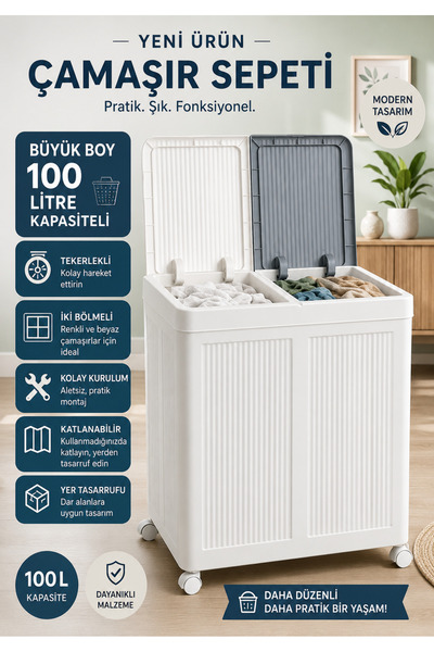 Mayaglory Büyük Boy 100 Lt. Tekerlekli Çamaşır Sepeti İki Bölmeli Katlanabili...