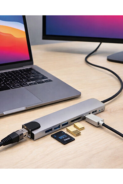 USLUCAN ALIŞVERİŞ 8 Port Type C Hub USB HDMI Rj45 Sd Tf Card Reader Multiplexer