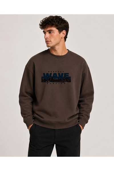 herkesemoda Wave Print Detailed Crew Neck 2 Thread Sweatshirt