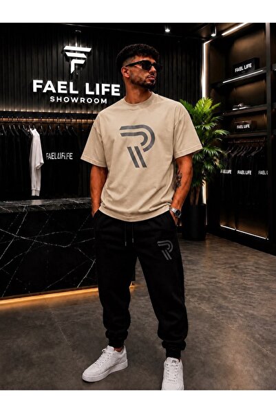 FAEL LİFE طقم تي شيرت وبنطلون رياضي واسع للجنسين مطبوع عليه R