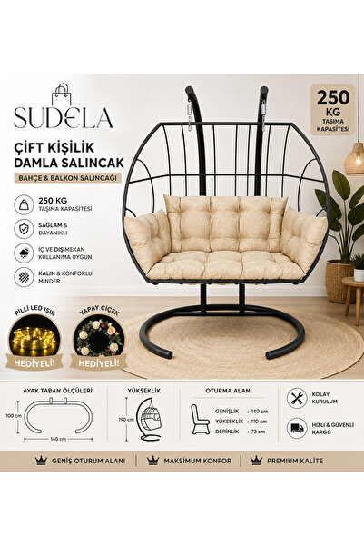 SUDELA Çift Kişilik Damla Salıncak 140 cm Premium Minderli Bahçe ve Balkon Sa...