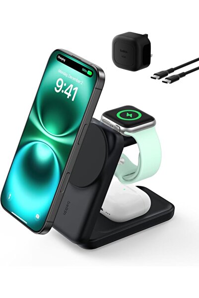 Belkin شاحن لاسلكي مغناطيسي UltraCharge 3 في 1 بتقنية Qi2، بقوة 25 واط - أبيض...