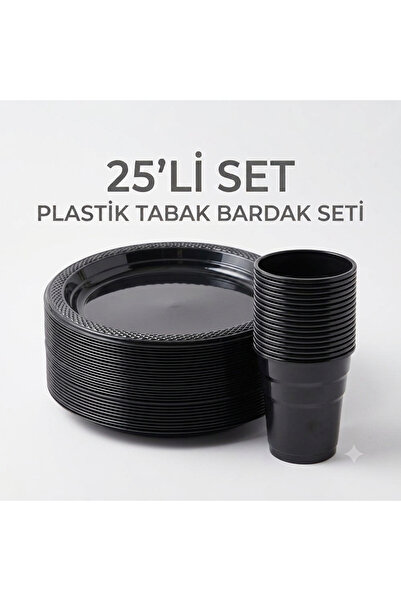 turkuaz parti 25'li SİYAH PLASTİK TABAK BARDAK SETİ
