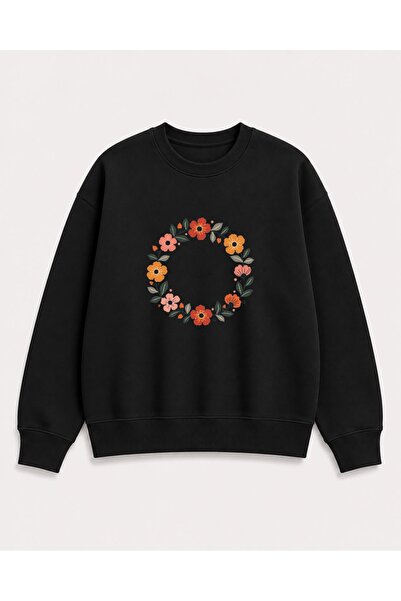 herkesemoda Ring Flowers Print Detailed Shirred 2 Thread Crew Neck Sweatshirt
