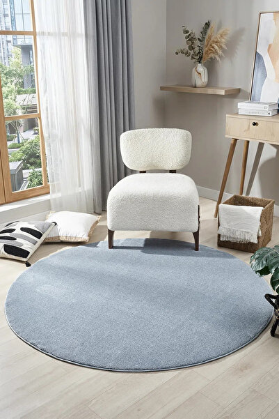 Ellya Home Puffy Yuvarlak Mavi Peluş Halı Yumuşak Dokulu Düz Renk Modern Çocu...