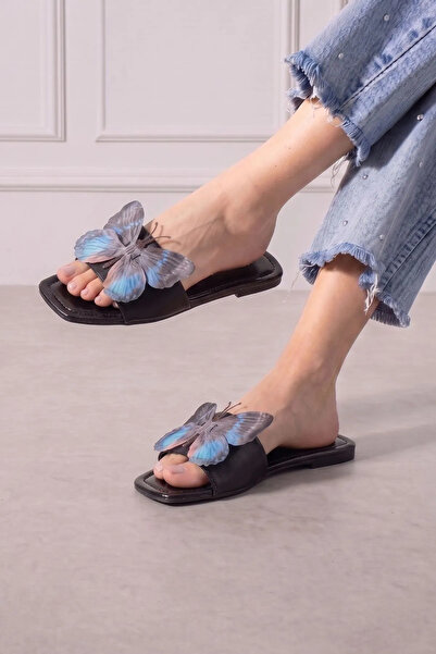 FUGA MODA Papillon Black Fabric Butterfly Detailed Slippers