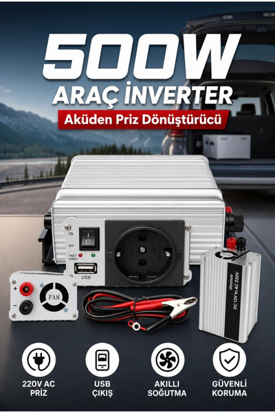 Clevora 12V Aküden 220V Elektrik Üreten 500W İnverter USB Çıkışlı Fanlı Güç D...