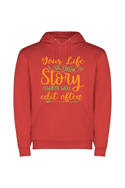 iLovePrints Edit Your Life Story Φούτερ με κουκούλα σε χρώμα Κόκκινο
