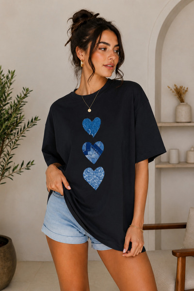 FECCY Tricou oversize pentru femei, din bumbac, cu imprimeu Premium Triple Heart