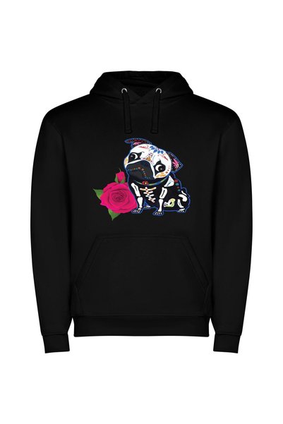 iLovePrints Rose among the Pugs Φούτερ με κουκούλα σε χρώμα Μαύρο