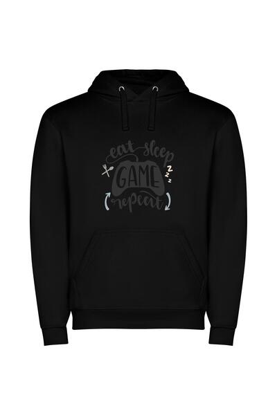 iLovePrints Eat Sleep Game On! Φούτερ με κουκούλα σε χρώμα Μαύρο