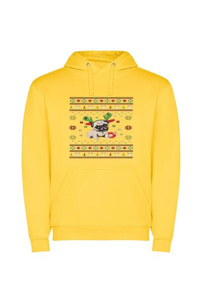 iLovePrints Festive Pug Antics Φούτερ με κουκούλα σε χρώμα Κίτρινο