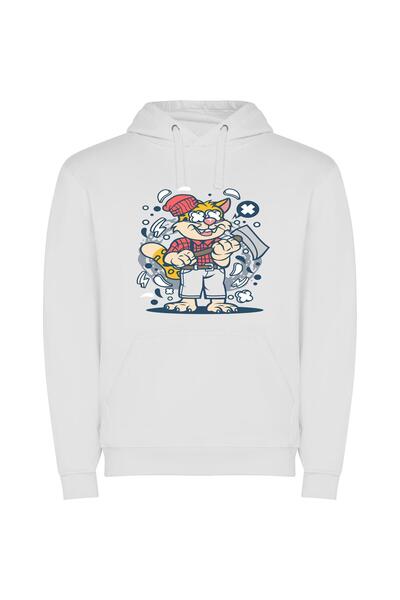 iLovePrints Hammer-Wielding Feline Mascot Φούτερ με κουκούλα σε χρώμα Λευκό