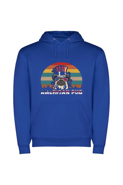 iLovePrints Patriotic Pug: Vibrant Americana Φούτερ με κουκούλα σε χρώμα Μπλε