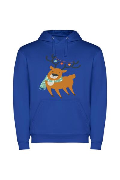 iLovePrints Fashionable Festive Deer Φούτερ με κουκούλα σε χρώμα Μπλε