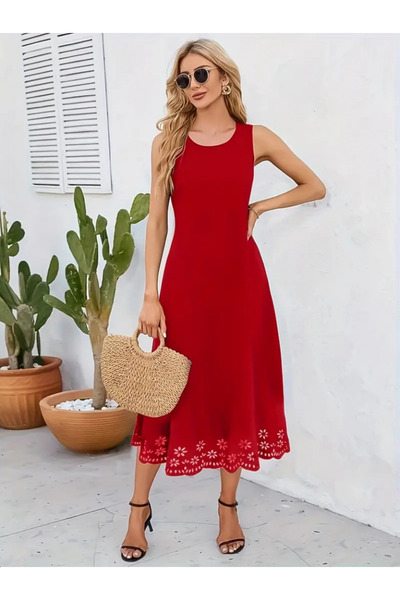 oniks store Women's Sleeveless Skirt with Laser Cut Floral Pattern, Midi Leng...