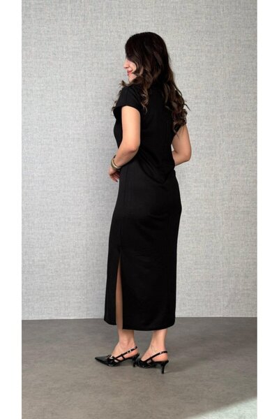 oniks store Women's Short Sleeve Collar Side Slit Viscose Two Thread Dress