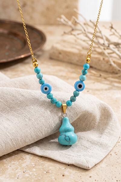 OceanDesign Natural Real Turquoise Stone Evil Eye Beaded Women's Necklace, Non-Tarnish Stainless Steel 45 cm