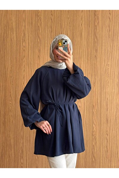 QUWİQ Women's Crew Neck Balloon Sleeve Waist Tie Hijab Tunic