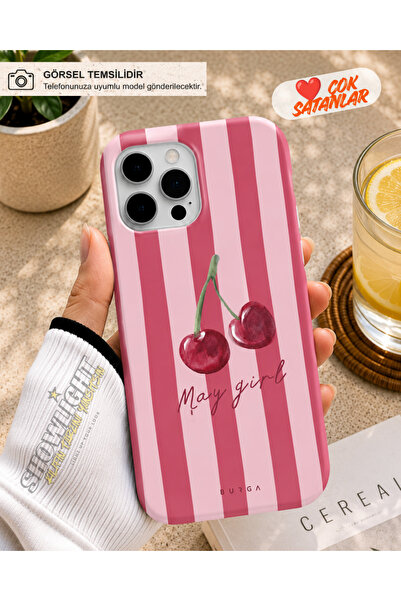İphone 15 Plus Uyumlu Kiraz Desenli Pembe Çizgili Tasarım Telefon Kılıfı
