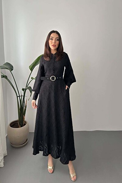 Moda Days فستان نسائي أسود طويل بياقة هاكيم وحزام وأكمام بالون مبطنة ومزخرفة