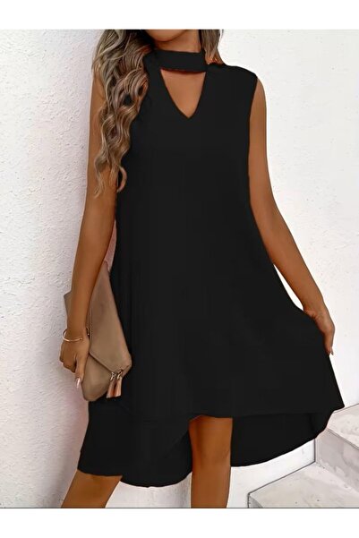 Generic Brand Women's Turtleneck V Window Detailed Asymmetrical Front Cut Det...