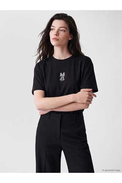 LC Waikiki Black Minnie Mouse Embroidered Cotton Women's T-Shirt