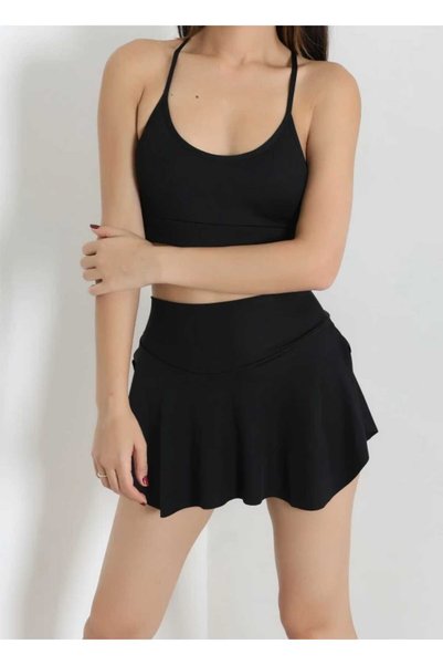 f.kereci Women's Black Ribbed Padded Rope Strap Bustier Crop Top Flexible Tight Fit