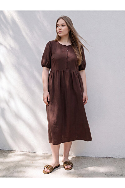 LC Waikiki Brown Plus Size Crew Neck Pleated Dress