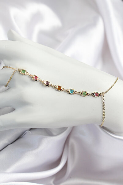 Epilons Brass Colored Square Zircon Stone Y Model Gold Color Women's Shahmeran