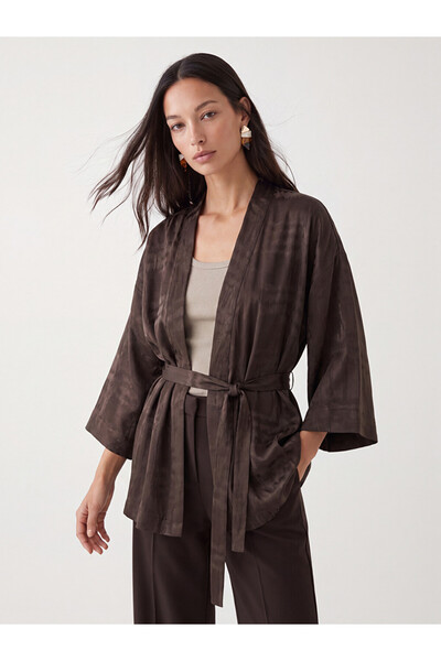 LC Waikiki Peak New Season Brown Shawl Collar Patterned Belted Women's Kimono