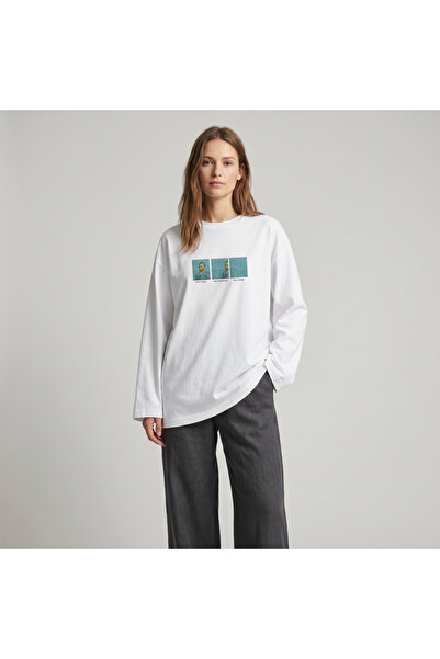Grafftee Clothing تيشيرت نوباركو أبيض كبير الحجم واسع القصة بأكمام طويلة مصنو...