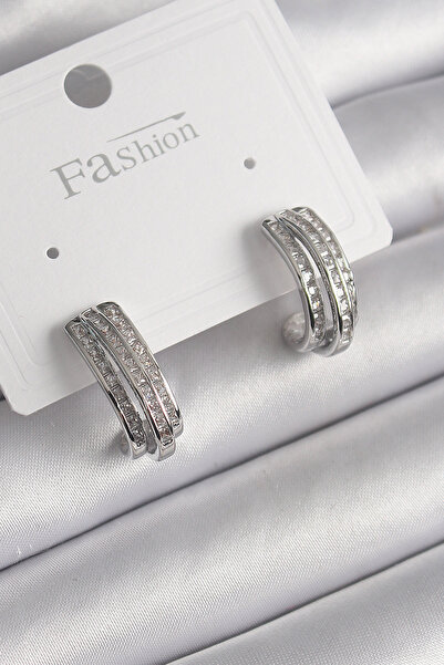 DMR Elegance Brass Silver Color Zircon Stone Half Ring Model Women's Earrings