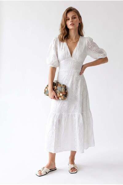 Mixray 2219 Women's Lined V-Neck Balloon Sleeve Floral Openwork Midi Dress White