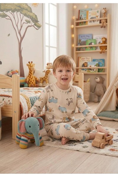 Novella18 Boy's Animal Pattern Cotton Long Sleeve Pajama Set