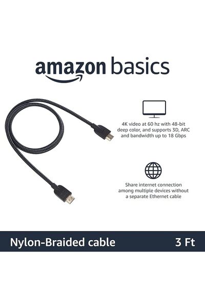 Amazon basics كابل HDMI عالي السرعة (18 جيجابت في الثانية، 4K/60Hz) - 3 أقدام...