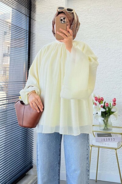 MELEK ARAZ Премиум Хаким Яка Волан Слийв Блуза - Жълта