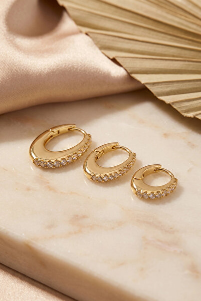 ARMÜZ Gold Color Oval Ring Model Zircon Stone 3-Piece Earring Set